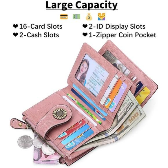 Small Womens Wallet Leather Bifold Card Holder RFID Blocking Zipper Coin Pocket - Picture 5 of 6